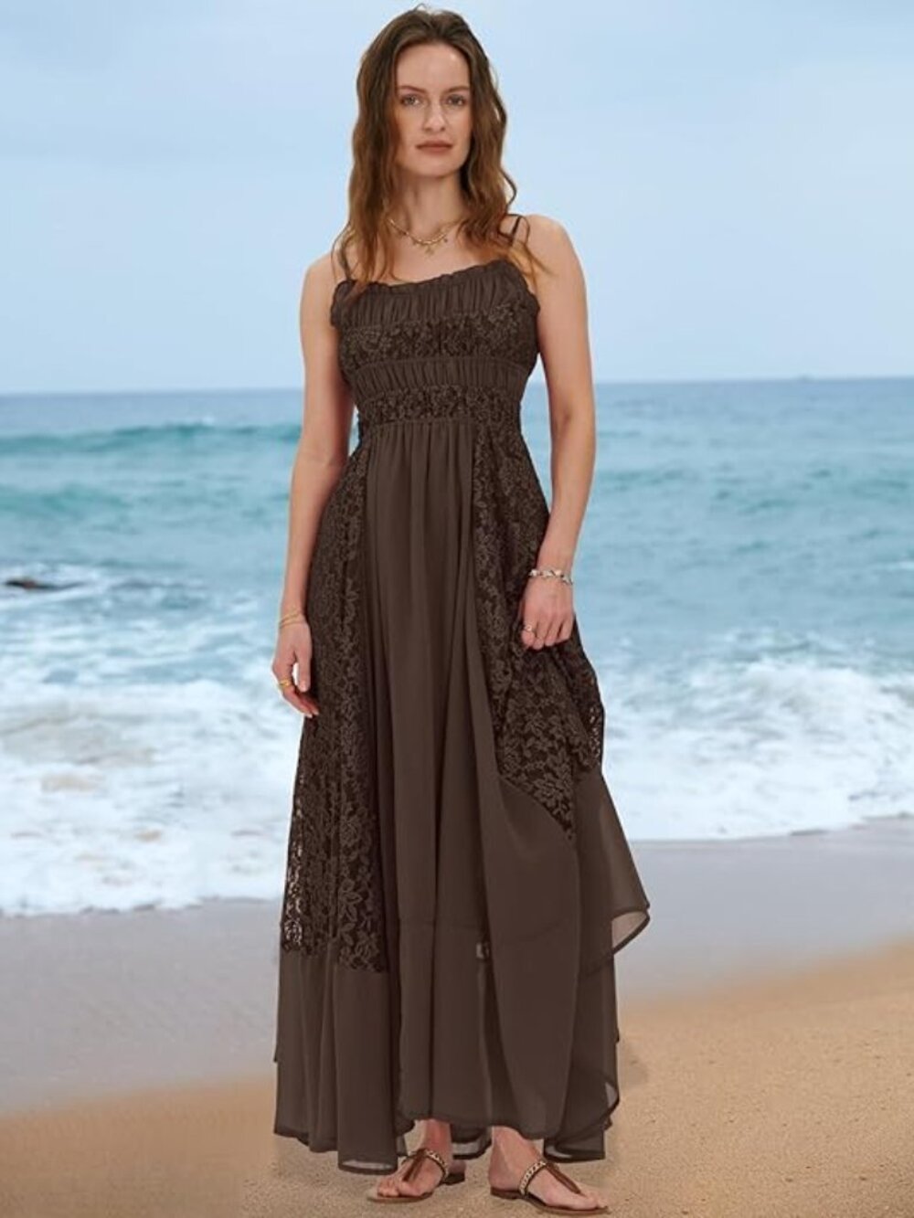 Summer Dress for Women Casual Lace Floral Embroidered Bohemian Maxi Dress Flowy